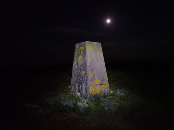 Two hours after Bennachie trigpoint we reached Black Hill trigpoint. This one is the usual tapered trig shape. The big moon is behind. Dark now as we had entered astronomical twilight. We sat and had a brew and a few snacks then it was time to make the slow 3hr walk back, stopping a lot to see the stars.