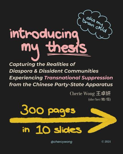 Cherie Wong's first slide introducing her 300 page thesis in ten slides. The title of the thesis is "Capturing the Realities of Diaspora & Dissident Communities Experiencing Transnational Suppression from the Chinese Party-State Apparatus"