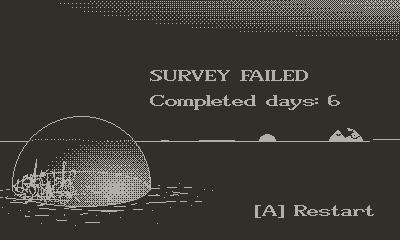 Screenshot the the game over screen with a domed city in the foreground and the text "SURVEY FAILED - Completed days: 6"