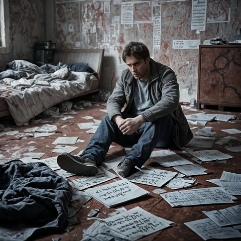 troubled thoughtful man sits in messy room, (blood-red runic title on a wall behind him, handwritten. inaccurate:1.4), (cinematic scene:1.3), horror mowie