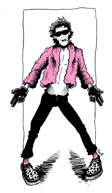 Un rocker du début des années 80  prend la pose. Il est vêtu d'un blouson de fourrure rose et chaussé de creepers à motif panthère. Dessin inspiré par Richard Butler, chanteur du groupe Psychedelic Furs.

An early '80s rocker poses. He's wearing a pink fur jacket and panther-patterned creepers. The design was inspired by Richard Butler, lead singer of the band Psychedelic Furs.