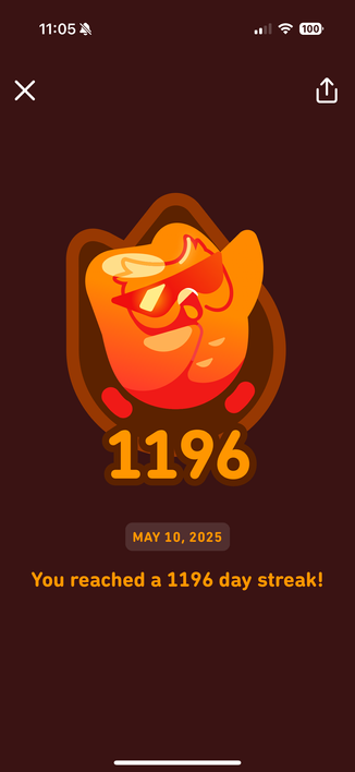 Screenshot from Duolingo app showing my 1196 day streak yesterday.