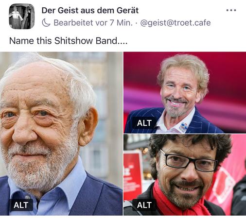 Eine Collage zeigt drei ältere, prominente Männer mit weißen oder ergrauten Haaren und freundlichem bis leicht selbstgefälligem Ausdruck. Links ein Herr mit weißem Bart in einem seriösen Outfit, rechts oben ein Mann mit blondiertem Haar im gestreiften Anzug und breitem Grinsen vor pinkem TV-Studio-Hintergrund, rechts unten ein Mann mit dunkler Brille, Schal und verschmitztem Lächeln auf einer öffentlichen Veranstaltung. Alle drei verkörpern sinnbildlich das klassische Bild des „alten weißen Mannes“, der sinnbildlich die Deutungshoheit über die Welt behalten möchte – auch wenn sie sich längst weitergedreht hat.🖖