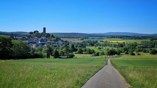 Das Foto zeigt eine ländliche Szene im Westerwald an einem sonnigen Tag. Im Vordergrund führt ein schmaler, asphaltierter Weg leicht bergab in die Ferne. Links und rechts des Weges erstrecken sich grüne Wiesen und Felder.
Links ist auf einer Anhöhe der Ort Hartenfels zu sehen. Die Häuser haben überwiegend dunkle Dächer und helle Fassaden. Über dem Ort thront markant die Burg Hartenfels.
Der Hintergrund wird von weiteren grünen Hügeln und Wäldern dominiert. Am rechten Bildrand ist ein gelb blühendes Feld zu erkennen. Der Himmel ist strahlend blau und wolkenlos. Die gesamte Szenerie vermittelt einen friedlichen und idyllischen Eindruck.