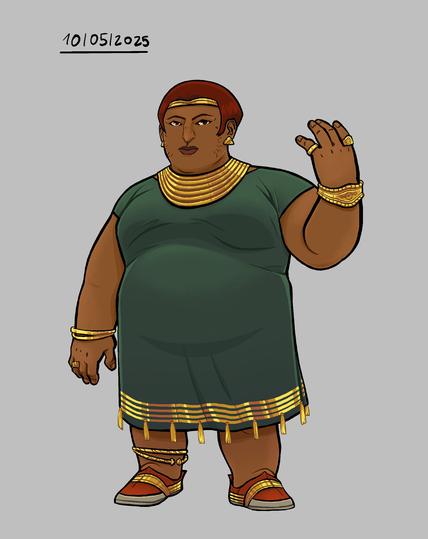 [Gal] Unha anana de pel escura, pelo e ollos caoba, sostendo o seu brazo esquerdo en alto ensinando o dorso da man. O seu pelo esta cortado nun bob-cut e ten un pouco de barba incipiente nas meixelas. Vai vestida cun vestido sinxelo polo xeonllo de cor verde escuro. No baixo deste ten 4 bandas de fío de ouro, saíndo borlas douradas da máis baixa. Leva un calzado sinxelo, tipo alpargata ou babucha, decorado tamén con bandas de fío de ouro. Vai cuberta de xoias de ouro: unha banda na súa fronte, un colar ancho con 5 acanaladuras, dúas pulseiras finas lisas e un anel con formas onduladas labradas na man dereita e unha pulseira ancha e dous aneis (un deles cun motivo espiral) na man esquerda. Para rematar, na perna dereita leva dous torques.
[En] A dark-skinned dwarf, mahogany hair and eyes, holding her left arm high, showing the back of her hand. His hair is cut in a bob-cut, and she has a little stubble on his cheeks. She is dressed in a dark green knee-length dress. Towards the lower edge of the dress there are four bands of gold thread, golden tassels hanging from the lowest. She wears slippers, also decorated with gold bands. She is covered in gold jewelry: a band on her forehead, a wide necklace with 5 grooves, two fine smooth bracelets and a ring with wavy shapes on the right hand, and a wide bracelet and two rings (one with a spiral motif) on the left hand. To top it all off, the right leg has two torques.