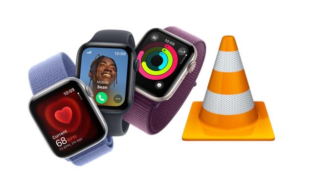 The VLC logo and 3 Apple Watches on a white background.