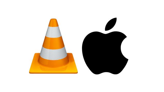 The VLC logo and the black Apple logo on a white background.