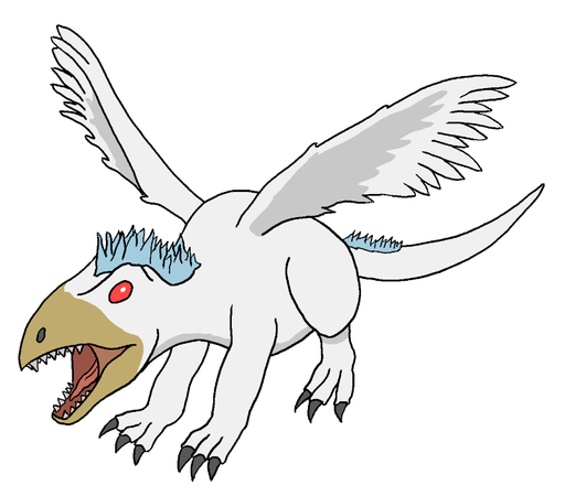 Dragon with feathered wings and a dinosaur like head.