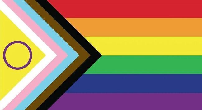 La imagen muestra una bandera que combina elementos de la bandera del orgullo LGBTQ+ con un diseño adicional. La parte izquierda presenta una flecha formada por franjas de color amarillo, rosa pálido, azul claro, blanco y marrón oscuro. En el amarillo, hay un círculo morado. La parte derecha muestra las franjas horizontales tradicionales del arcoíris: rojo, naranja, amarillo, verde, azul y morado. La imagen es una representación visual de una bandera que simboliza la inclusión y diversidad dentro de la comunidad LGBTQ+.