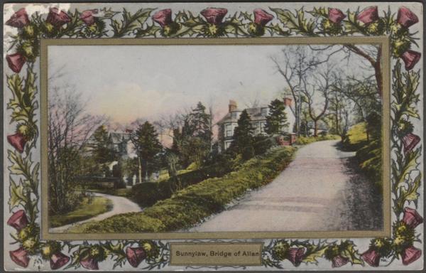 Printed glazed colour postcard showing a view of Sunnylaw at Bridge of Allan in Stirlingshire.

Published by Davidson & Son, Kirkcaldy, Davidson Tartan Border, Ideal Series, No 180294, printed in Saxony, c.1905-10.

Postally unused.

Good condition, with very slight corner bumps, but some loss of glaze and surface loss to top left corner.