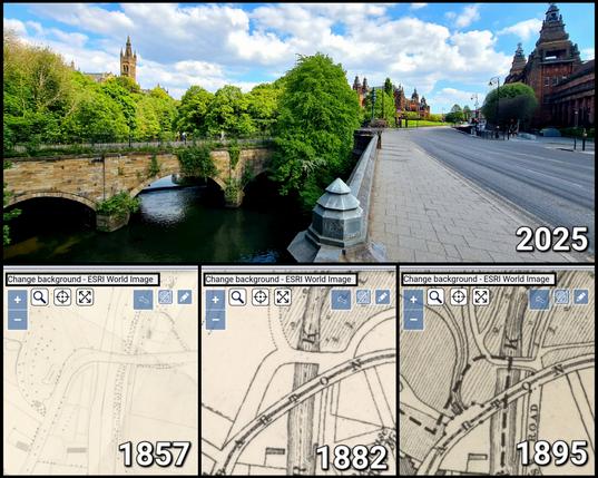 A photo showing two bridges across the river Kelvin in Glasgow and a series of maps showing to the local road network changed as these bridges were built.