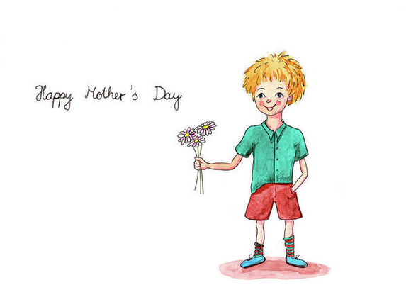 Happy Mothers Day is a ink and watercolor illustration painted by artist Karen Kaspar
A cute little boy with blonde hair dressed with a green shirt and red shorts is giving some gathered white and pink daisies to his Mom with a happy smile and lots of love for Mother's Day. Happy Mother's Day to all mothers in the world with this little flower bouquet. The text Happy Mothers Day is handwritten in black on white beside the drawing of the boy.