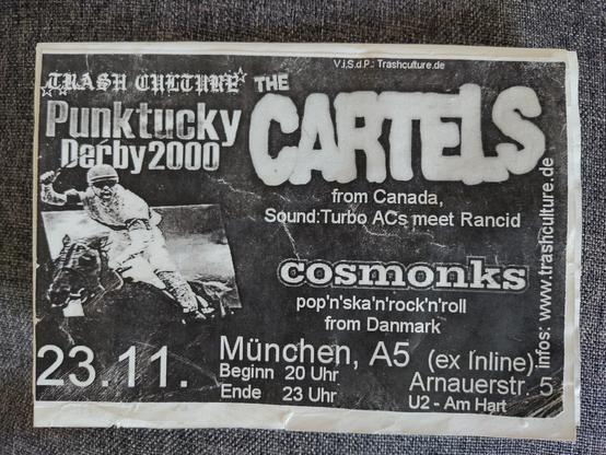 flyer für das Konzert von Cartels und cosmonks in München im A5 . zu sehen ist ein Jockey auf einem Pferd. dazu steht drüber Punktucky Derby 2000