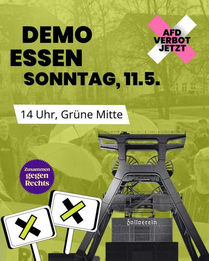 Ankündigungsplakat Demo AfDVerbotJetzt in Essen am Sonntag, 11. Mai, 14 Uhr, Grüne Mitte