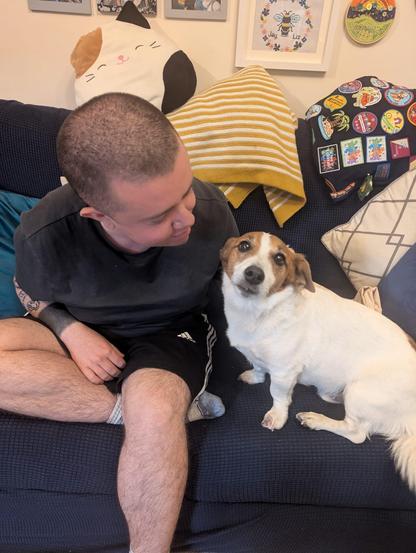 A white transmasc sat on a blue sofa with a white and brown jack russel. The human is wearing a grey t shirt, blue shorts, and sports socks. The jack russel is looking at the camera