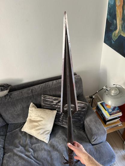 I am holding the lance upright, resting on the floor out of frame, in front of my sofa for some reason