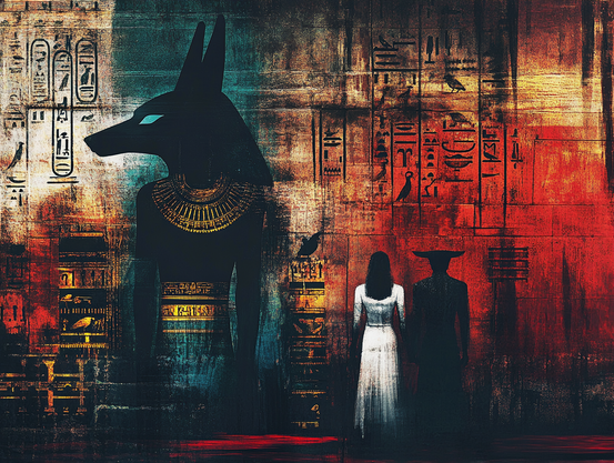 Temple des Ombres
Une femme en blanc et une silhouette cornue contemplent une fresque égyptienne dominée par une figure divine à tête de chacal.
A woman in white and a horned figure stand before an Egyptian mural dominated by a jackal-headed deity.