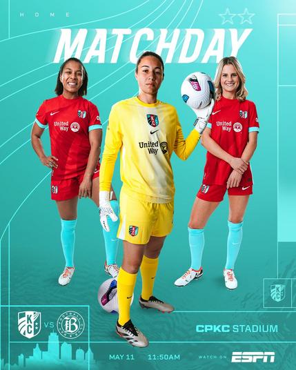 "Matchday" graphic for KC vs. BAY today, May 11, at 11:50AM on ESPN at CPKC Stadium with photos of Ball, Lorena and Feist