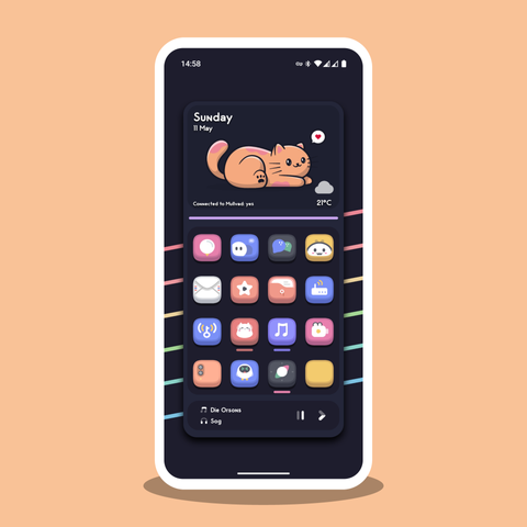 a screenshot of my homescreen. color palette is catppuccin, there is also a cat which sends a heart to you as an cartoony image as part of the homescreen setup. the app icons are cartoony and colorful.
