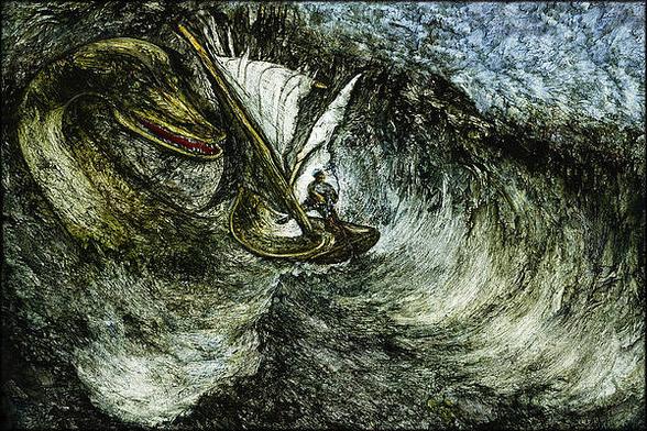 The illustration depicts a man frantically attempting to escape from a serpent-like creature that has emerged from the depths of the water, with the man clinging to a small boat for dear life.