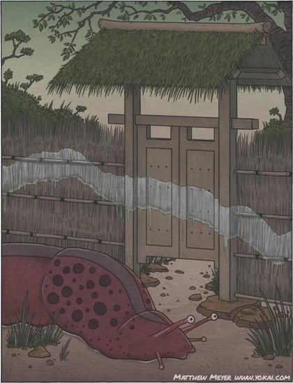 A giant red-brown slug moves across a garden leaving a trail of slime.