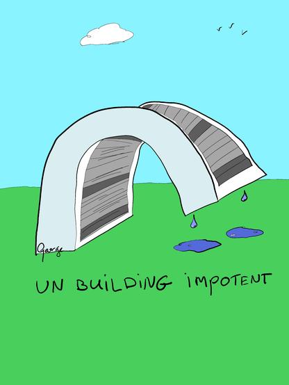 Cartoon. Blue sky with one cloud and three birds. A large field of green. It has a weeping curved building on it. Two blue puddles under the tears.