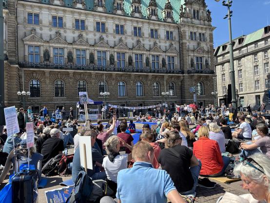 Blick über die Demo von hinten Richtung Podium vor dem Rathaus. Viele Schilder, blauer Pavillion und eine Girlande mit Steckbriefen von betroffenen Personen, die aufgrund der Krankheit gar nicht erst demonstrieren können.