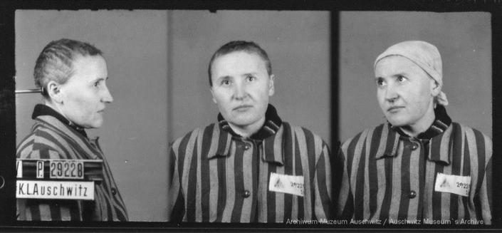 A mugshot registration photograph from Auschwitz. A woman wearing a striped uniform photographed in three positions (profile and front with a bare head and a photo with a slightly turned head with a headscarf on). The prisoner number is visible on a marking board on the left.