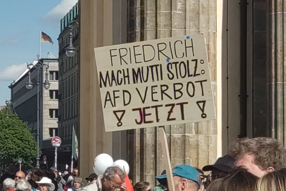 Schild: Friedrich Mach Mutti stolz: AfD Verbot Jetzt!