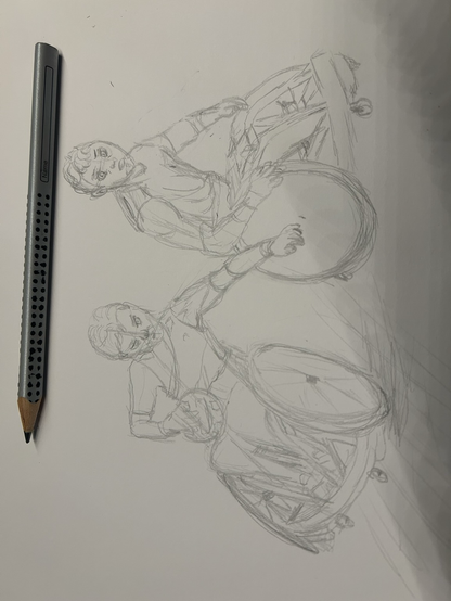 Pencil sketch with pencil in grey lying on the image; two weekchair basketball player. One got the ball and turns his chair on one big wheel. Other watches with surprise. Rough lines : line of action, rough body shapes and wheelchair shapes.