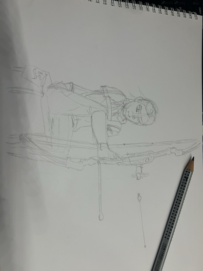 Drawing of a female Paralympic archer. Pencil is lying on the paper. Archer sits on a chair with label, she draws the bow with her feet (no arms). Can see an arrow leaving. She has a complex conpound bow with stabilizer and aim helper. She closes one eye to shoot and uses a device to draw/release the string (at shoulder). Rough lines, body shape; no background.