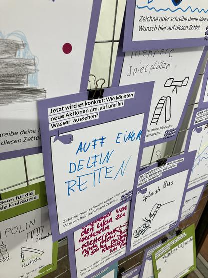 Zettel mit Ideen der Bürgerinnen: auf einem Delfin reiten