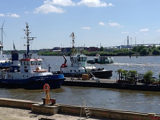 Kleiner Schlepper in der Elbe - im Hintergrund die Köhlbrandbrücke