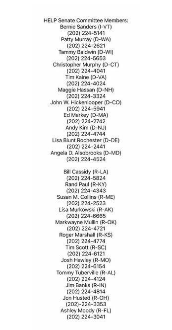 List of all the phone numbers of senators on committee