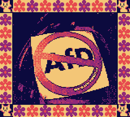 Ein AfD-Verbotssticker. Das Bild hat einen pixeligen Blümchenrahmen mit Kätzchen in den Ecken.
