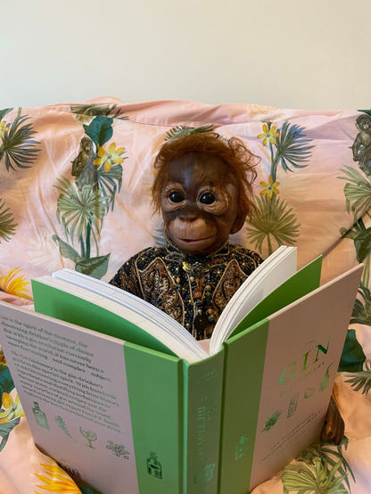 A baby orangutan doll dressed in an ornately embroidered jacket sits in bed with a large book opened in front of it.