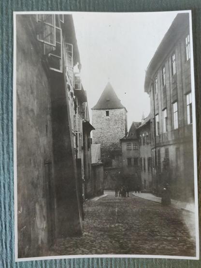 Black and white photo taken in the golden lane in Prague, in June 1925