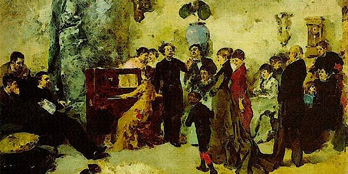 Una festa in musica, in un ambiente popolare: un gruppo di uomini e donne si raduna intorno ad una pianista, e ad un cantante che sta accanto a lei. C'è anche un bambino che dà la mano a sua madre.