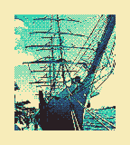 Ein großes, pixeliges Segelschiff.