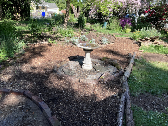 the same yard with woodchip paths, expanded flower beds, a bird bath, and a profusion of plants.