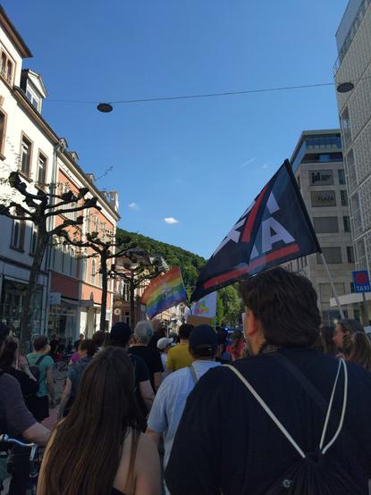 Picture in the direction of walking from within the crowd of Protestors. So mostly peoples backs. 
3 Flags are visible: 
A black flag with 2 red stripes at the top and bottom and the text "FCK AFD" in between.
A rainbow flag with the nato logo in the middle. AKA gay nato.
A flag with the logo of "Kein Schritt nach rechts".