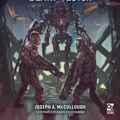 A dramatic cover illustration for the "Death Vector" supplement of Stargrave features two armed characters in futuristic armor, facing a menacing, cybernetic figure in the center. The background depicts a dark, high-tech environment with wires and mechanical elements, enhancing the ominous atmosphere. The title "STARGRAVE Death Vector" is prominently displayed at the top, along with the author's name and illustrator credits at the bottom.