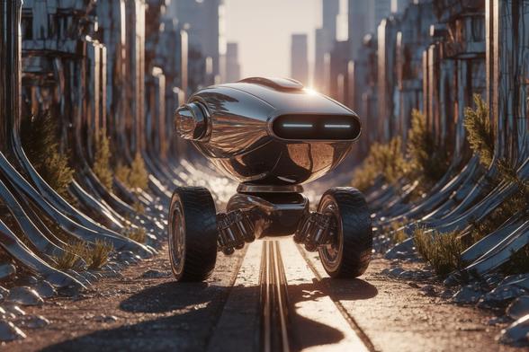 A shiny robot is standing in the middle of a narrow road