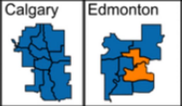 Election 2025 map of Calgary (blue) and Edmonton (mostly blue)