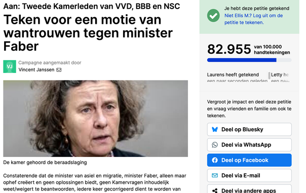 screenshot van ‘de Goede zaak’ m.b.t. petitie om minister een motie van wantrouwen te geven en ontslag