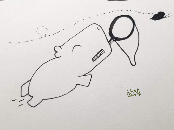 Ink drawing of a happy capybara holding a butterfly net in her mouth chasing a butterfly.