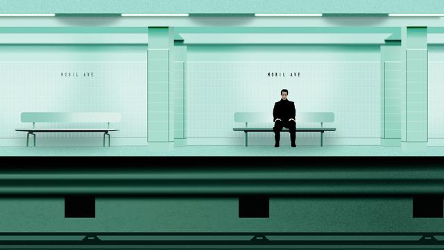 Vector drawing of the constuct in the Matrix called "Mobil Avenue". A special place where even Neo gets stuck. Here he's sitting on a bench.