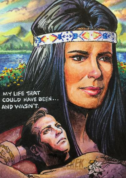 Some fan are for the Star Trek episode The Paradise Syndrome, featuring Kirk laying down and thinking about a beautiful woman who looks to be of Indigenous American heritage. In the background is a riverside prairie landscape.