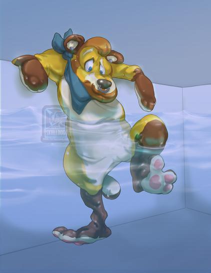A slightly deflated pool toy anthro bear in blue bandana sinks down into the water of a pool. His expression is a bit nervous as he lifts one foot paw back up.