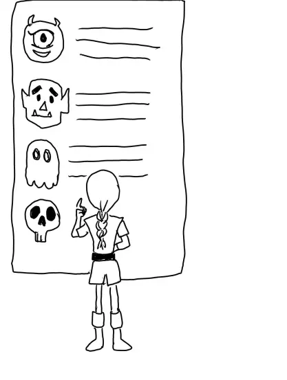 Digitally inked pencil sketch of a D&D adventurer choosing from a menu for monsters to fight for the #AMenuForMonsters prompt at #dailysketchingworkout .